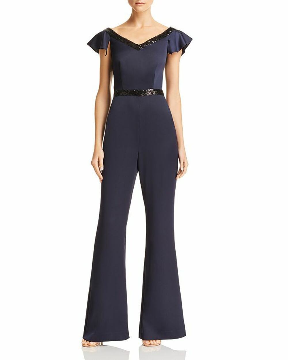 Rachel Zoe Sequin Trim Ruffle Sleeve Jumpsuit Navy 4